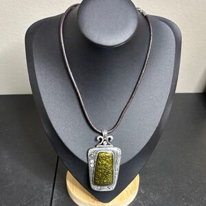 Artisan Silver and Olive Green Pendant Necklace